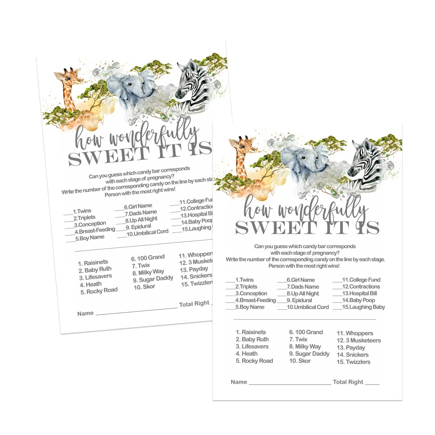 Jungle safari baby shower candy guessing game - 25 cards for gender reveal - featuring royal zoo animals - boy & girl