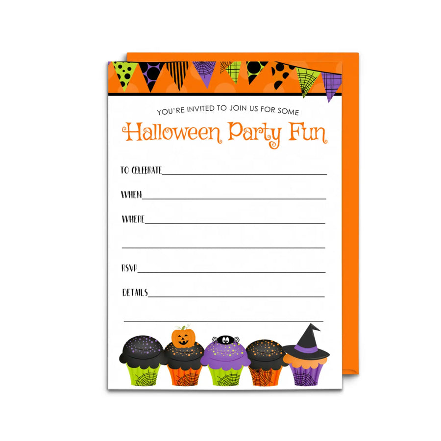 Kids Costume Party Invitations - Cute Spider, Ghost, Pumpkin Theme - 4x6 Printed Cards (15 Pack) - Paper Clever Party