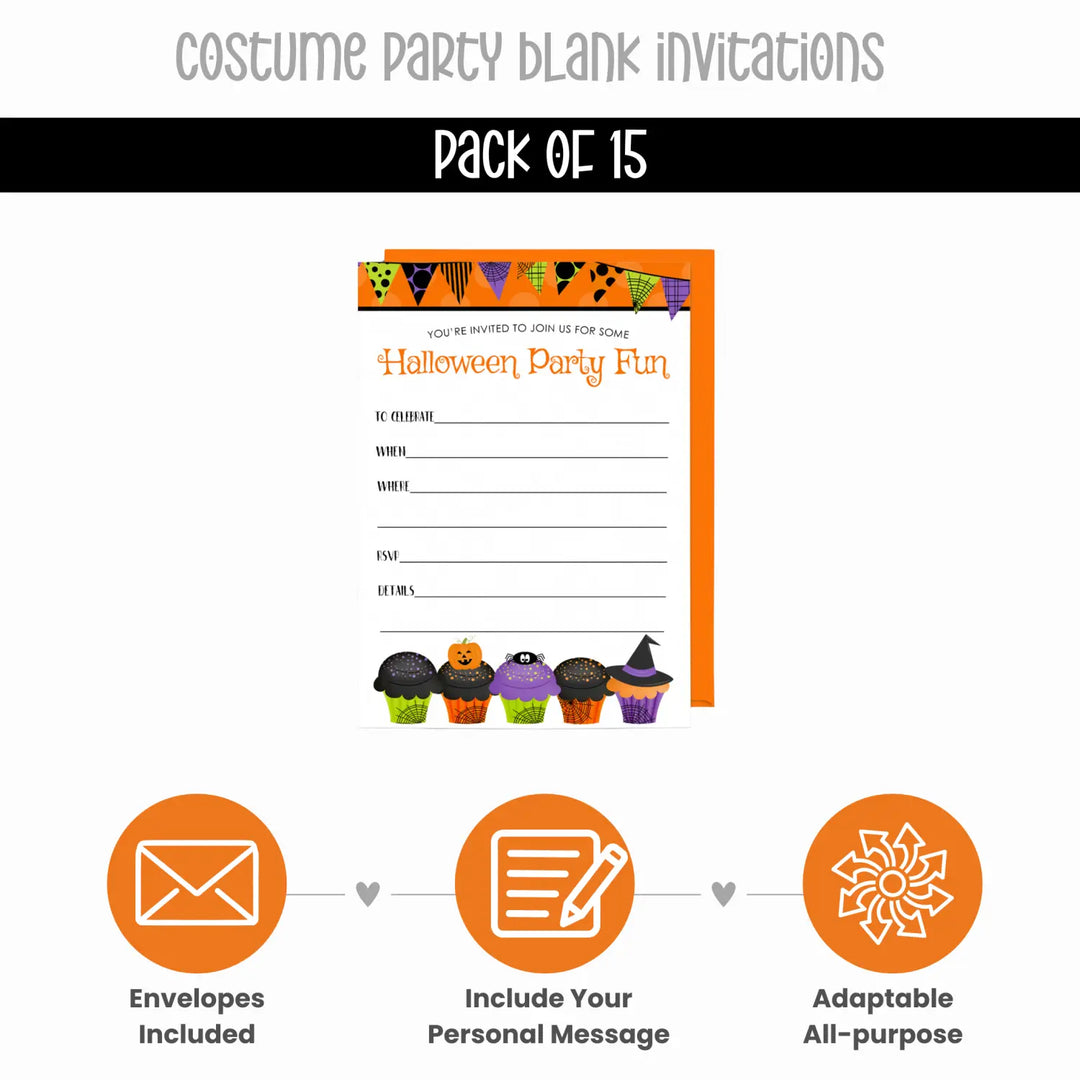 Kids Costume Party Invitations - Cute Spider, Ghost, Pumpkin Theme - 4x6 Printed Cards (15 Pack) - Paper Clever Party