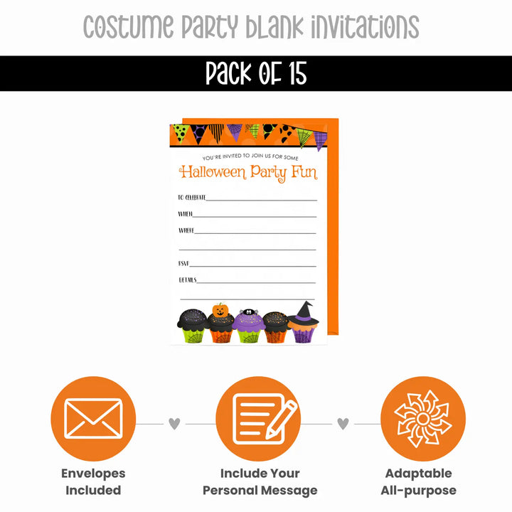 Kids Costume Party Invitations - Cute Spider, Ghost, Pumpkin Theme - 4x6 Printed Cards (15 Pack) - Paper Clever Party