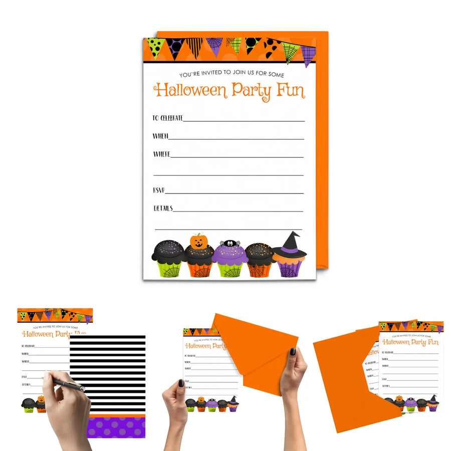 Kids Costume Party Invitations - Cute Spider, Ghost, Pumpkin Theme - 4x6 Printed Cards (15 Pack) - Paper Clever Party