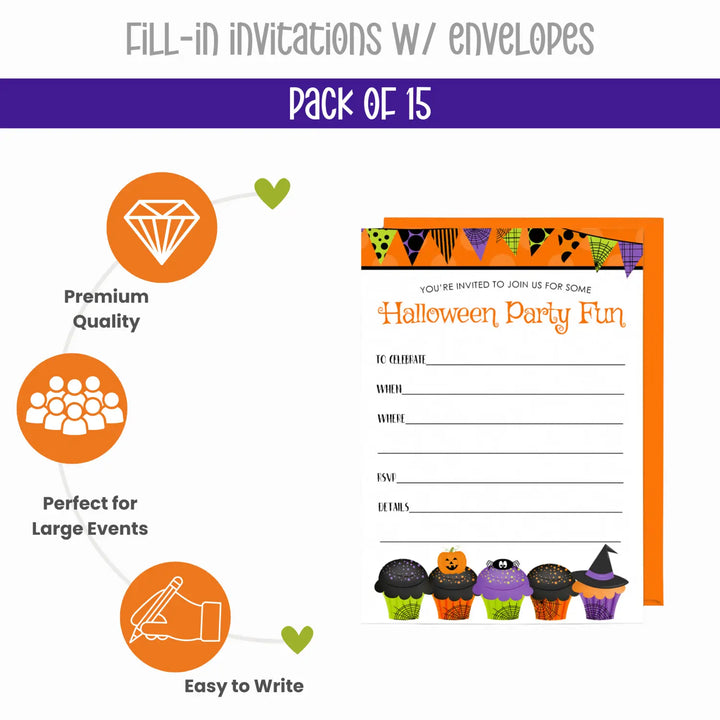 Kids Costume Party Invitations - Cute Spider, Ghost, Pumpkin Theme - 4x6 Printed Cards (15 Pack) - Paper Clever Party