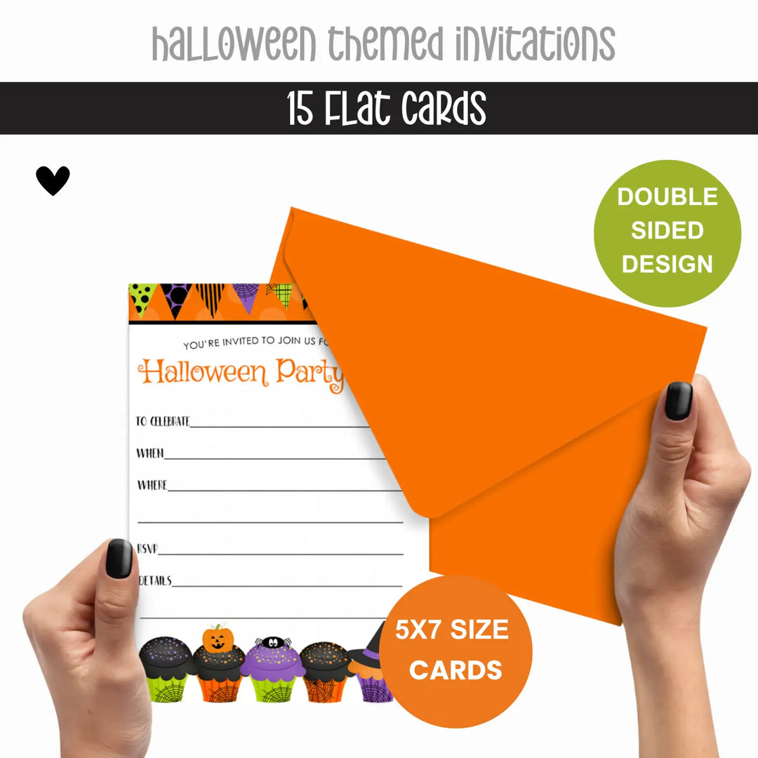 Kids Costume Party Invitations - Cute Spider, Ghost, Pumpkin Theme - 4x6 Printed Cards (15 Pack) - Paper Clever Party