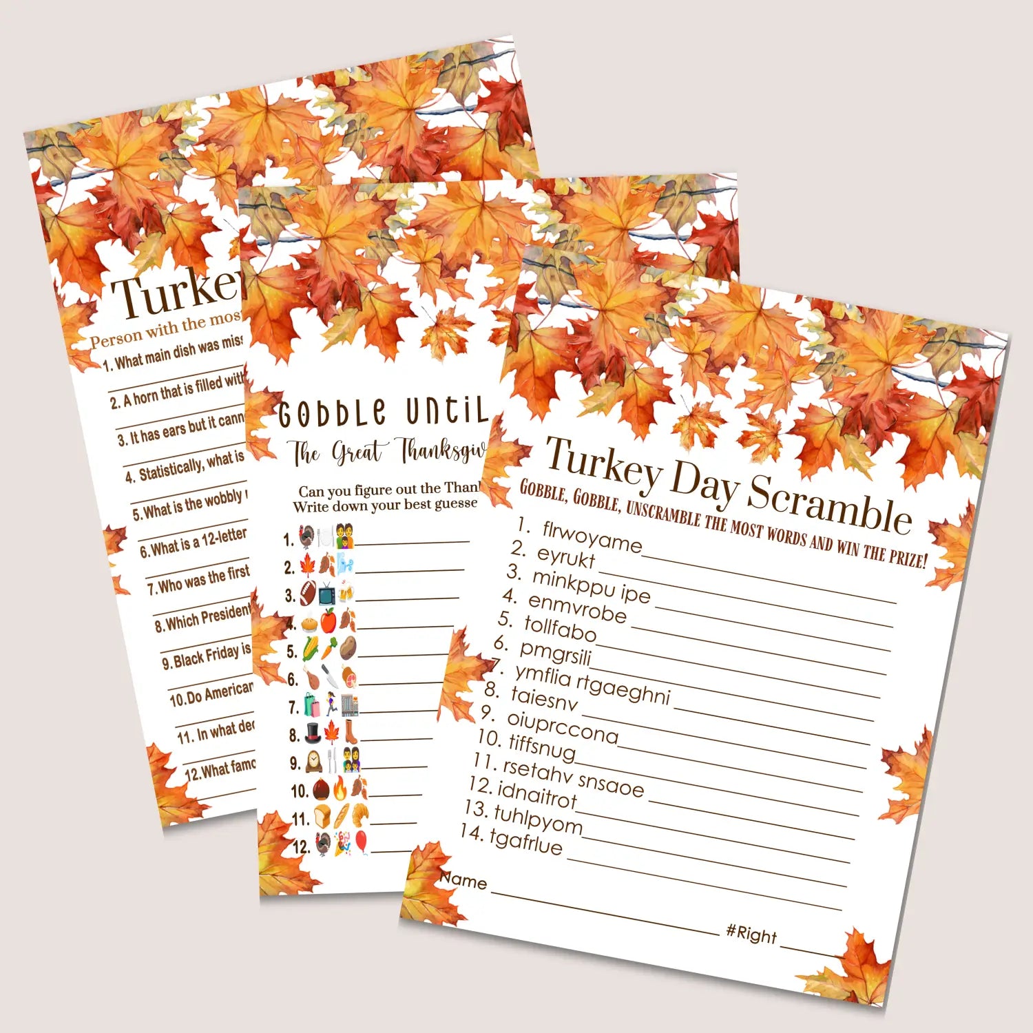 Leaves thanksgiving games bundle – printable word scramble trivia emoticon instant download holiday activity pack