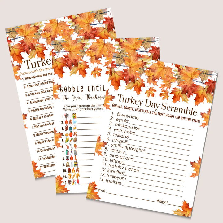Leaves thanksgiving games bundle – printable word scramble trivia emoticon instant download holiday activity pack