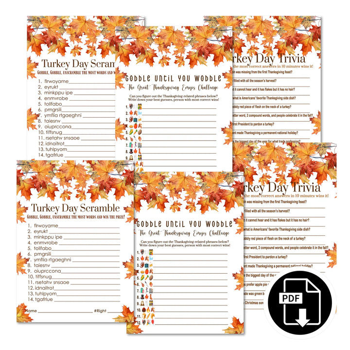 Leaves thanksgiving games bundle – printable word scramble trivia emoticon instant download holiday activity pack