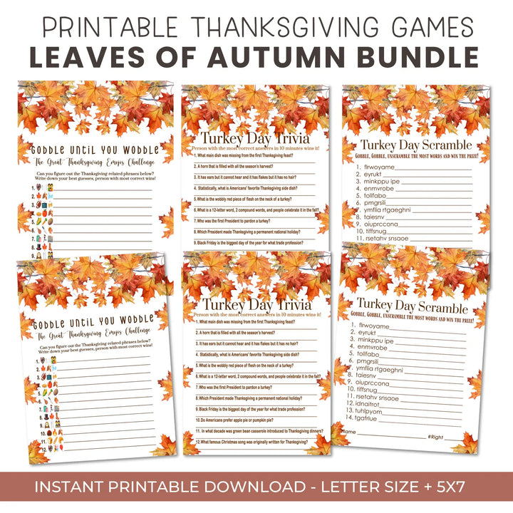 Leaves thanksgiving games bundle – printable word scramble trivia emoticon instant download holiday activity pack