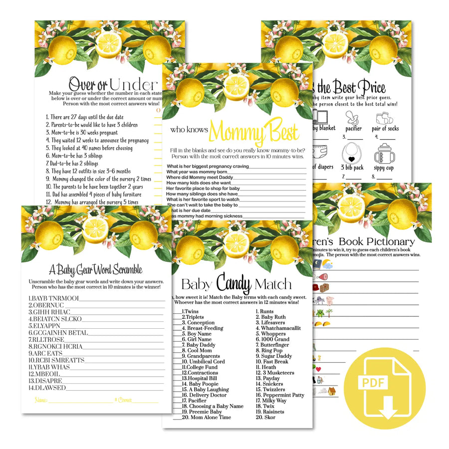 Lemon and greenery baby shower games bundle – instant download printable activities coed celebration fun digital game