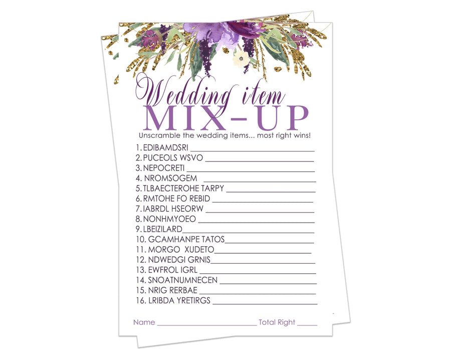 Lilac Love Floral Bridal Shower Word Scramble Game - Unscramble Wedding Fun, Purple and Gold, 25 Guests - Paper Clever Party