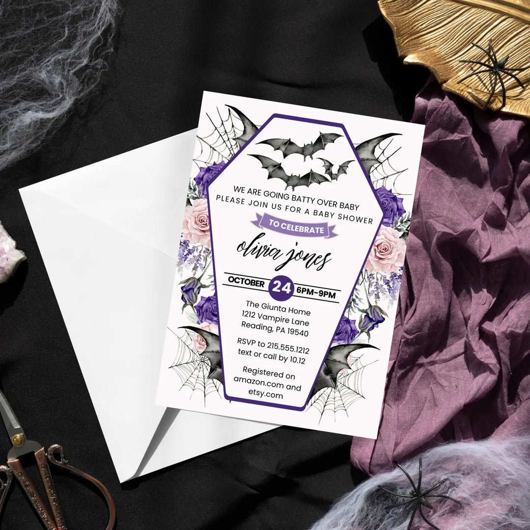 A little batty baby shower invitations personalized gothic halloween gender reveal spooky invites custom template
