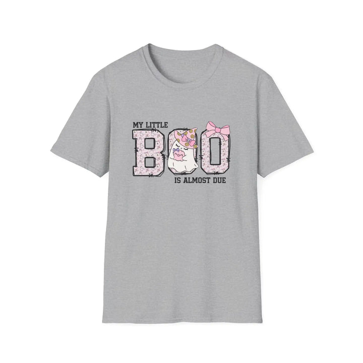 My little boo is almost dues t-shirt cute pregnancy announcement top halloween mom gift baby shower outfit softstyle