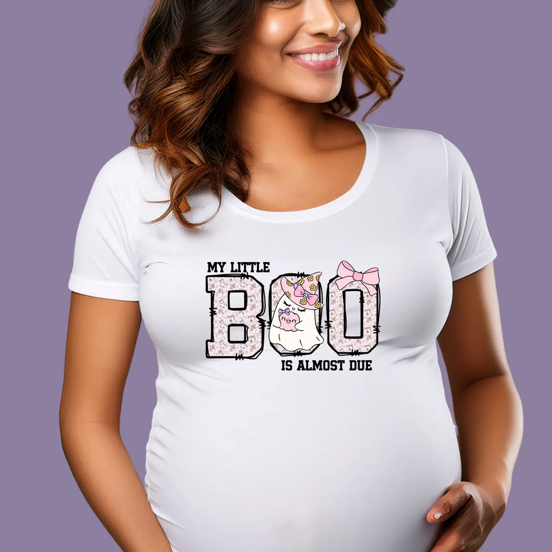 My little boo is almost dues t-shirt cute pregnancy announcement top halloween mom gift baby shower outfit softstyle