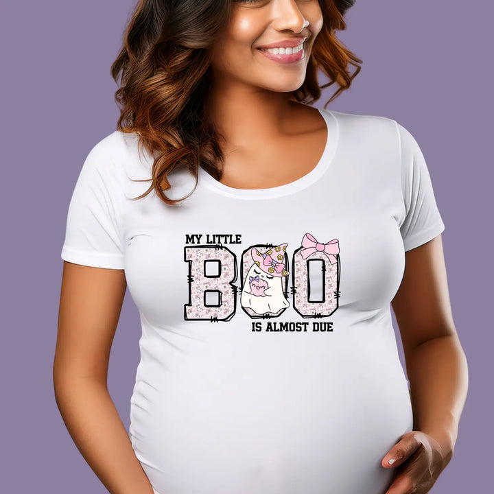 My little boo is almost dues t-shirt cute pregnancy announcement top halloween mom gift baby shower outfit softstyle