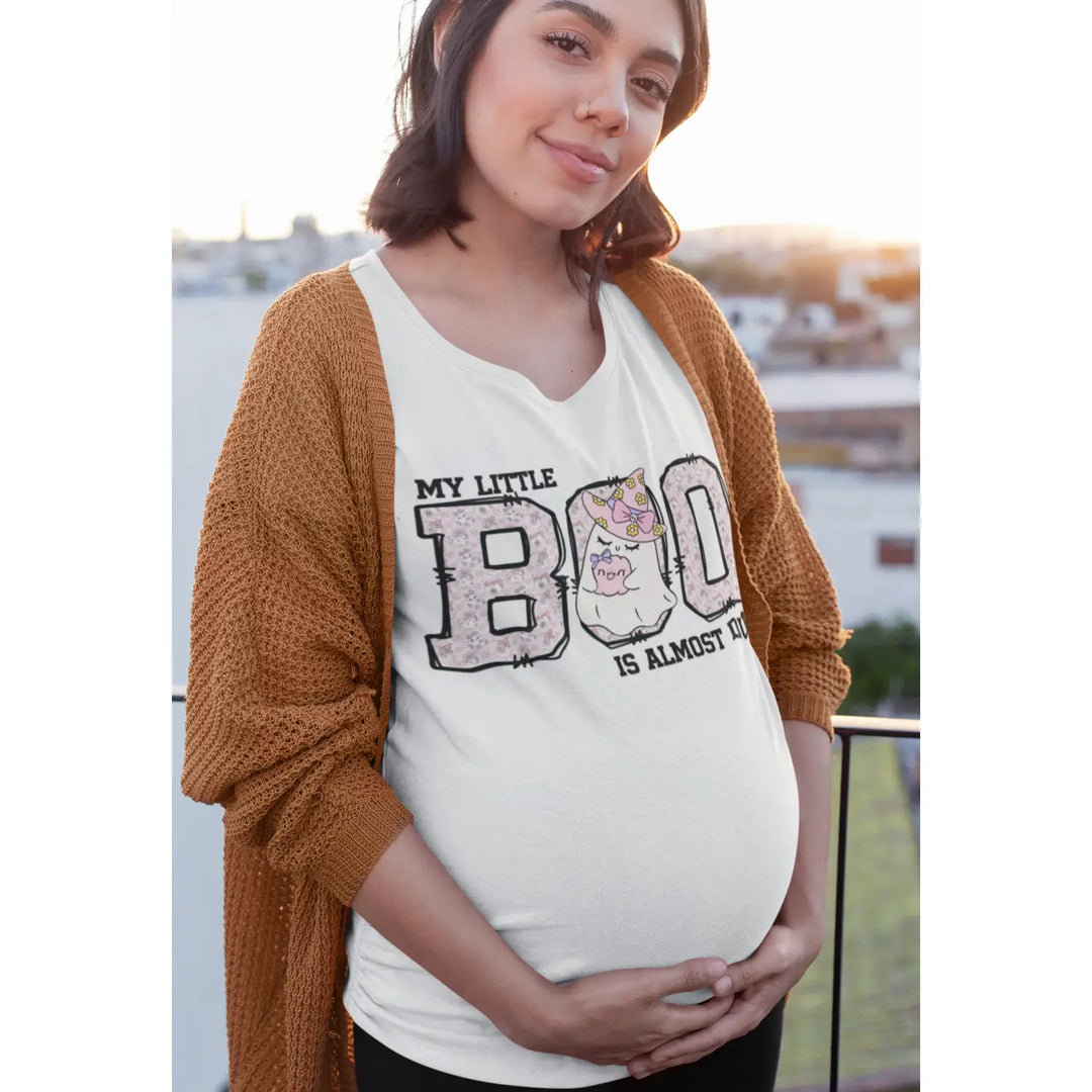 My little boo is almost dues t-shirt cute pregnancy announcement top halloween mom gift baby shower outfit softstyle