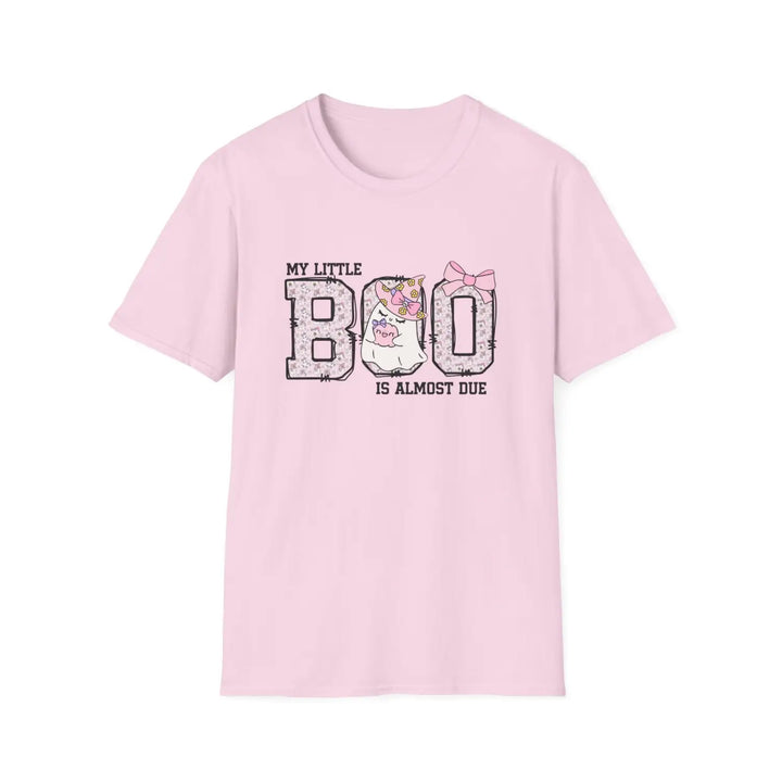 My little boo is almost dues t-shirt cute pregnancy announcement top halloween mom gift baby shower outfit softstyle