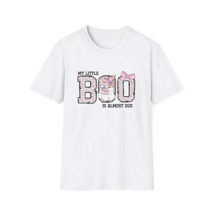 My little boo is almost dues t-shirt cute pregnancy announcement top halloween mom gift baby shower outfit softstyle