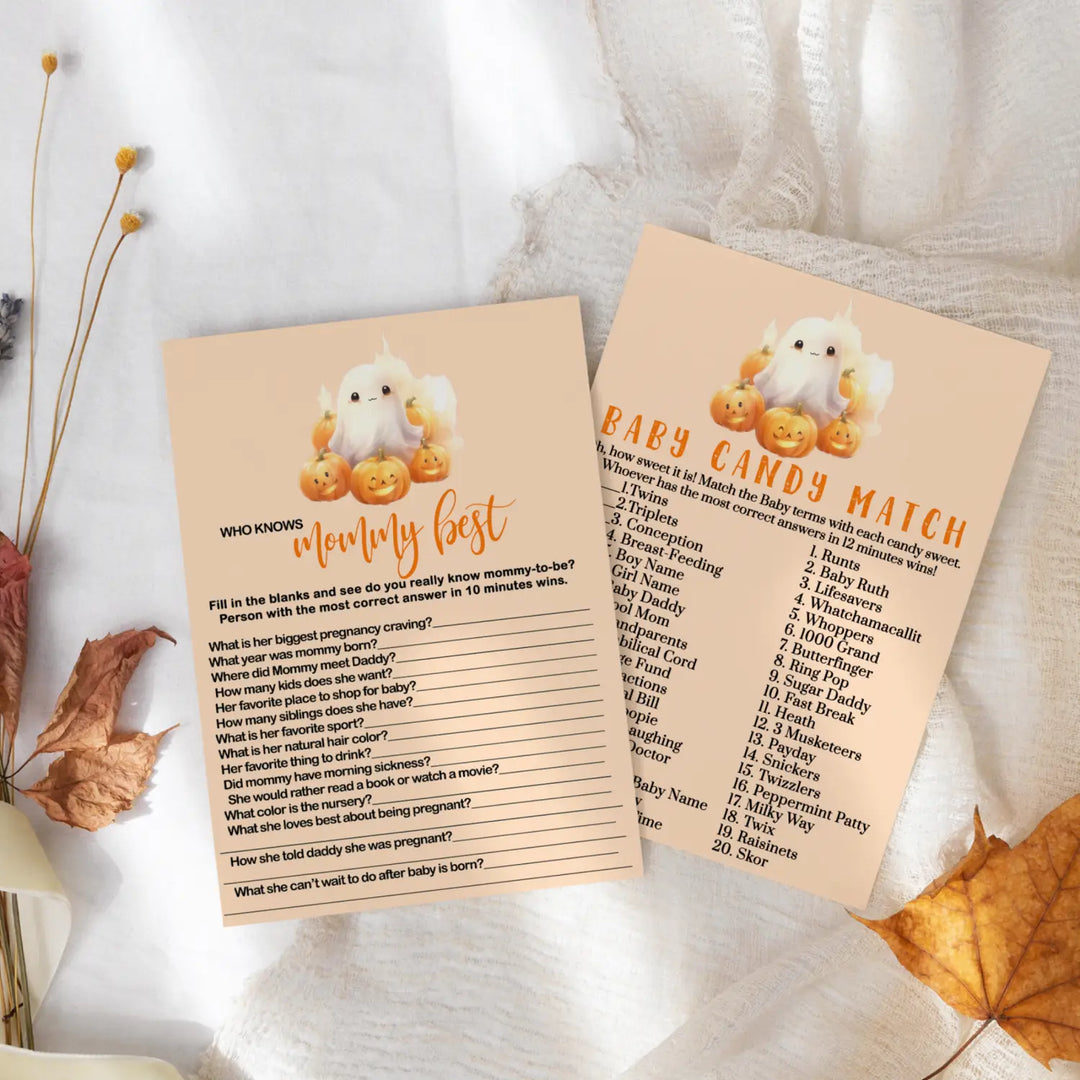 Little Boo Baby Shower Game Set, Halloween Pumpkin & Ghost, 5x7 Cards (25 ct) - Paper Clever Party