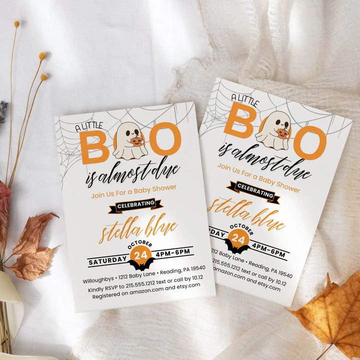 A little boo baby shower invitations halloween gender neutral theme printable & printed options