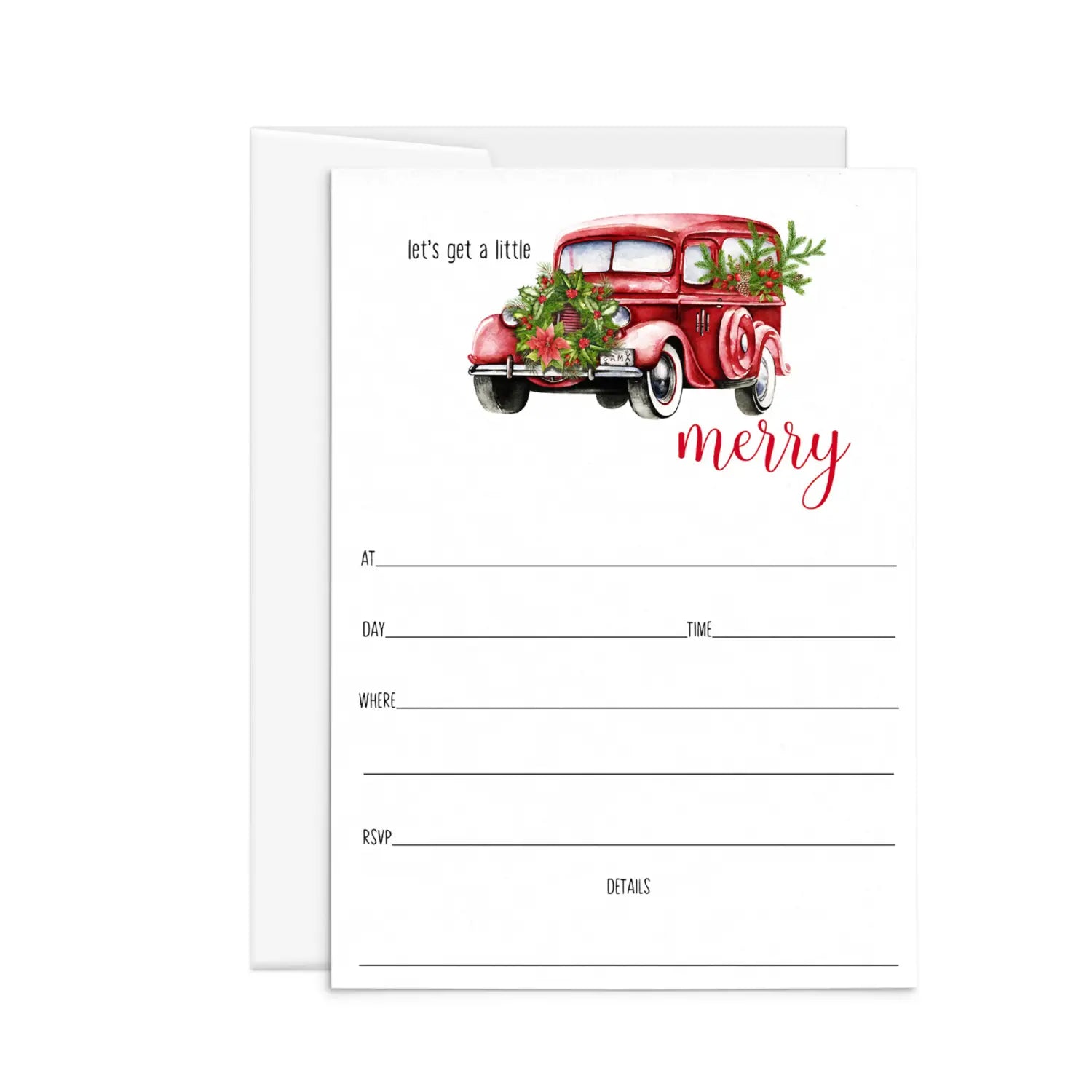 A little merry christmas invitations with envelopes rustic truck invites for holiday party open house jingle and mingle