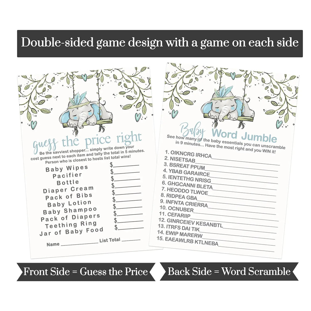 Little Peanut’s Play - Blue Elephant Baby Shower Game Set, Rustic Greenery, 5x7 Cards (25 ct) - Paper Clever Party