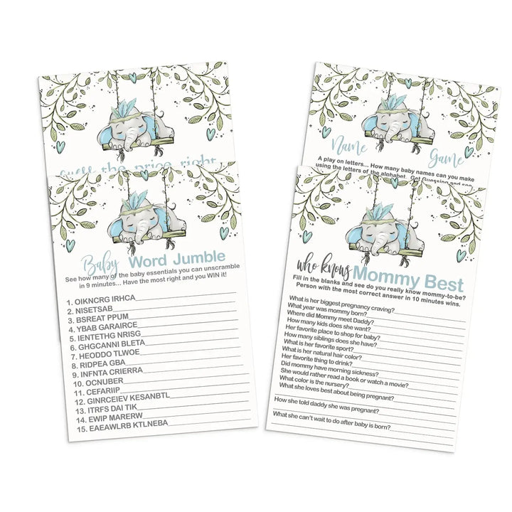 Little Peanut’s Play - Blue Elephant Baby Shower Game Set, Rustic Greenery, 5x7 Cards (25 ct) - Paper Clever Party