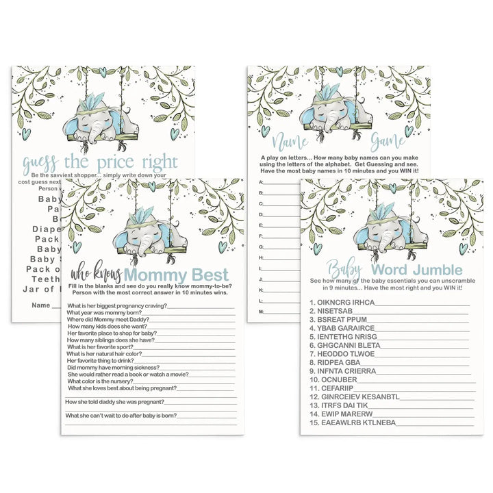 Little Peanut’s Play - Blue Elephant Baby Shower Game Set, Rustic Greenery, 5x7 Cards (25 ct) - Paper Clever Party