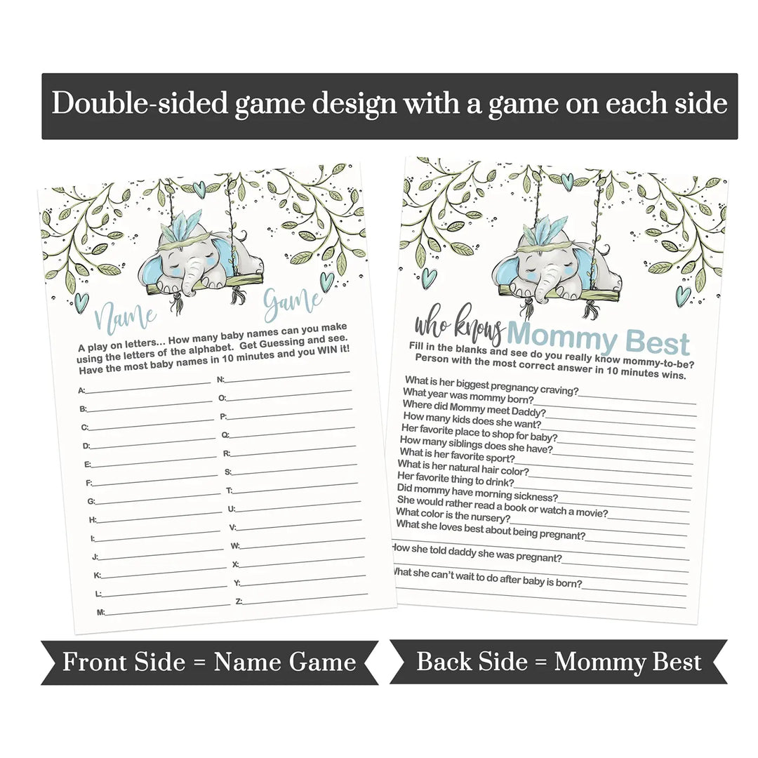 Little Peanut’s Play - Blue Elephant Baby Shower Game Set, Rustic Greenery, 5x7 Cards (25 ct) - Paper Clever Party