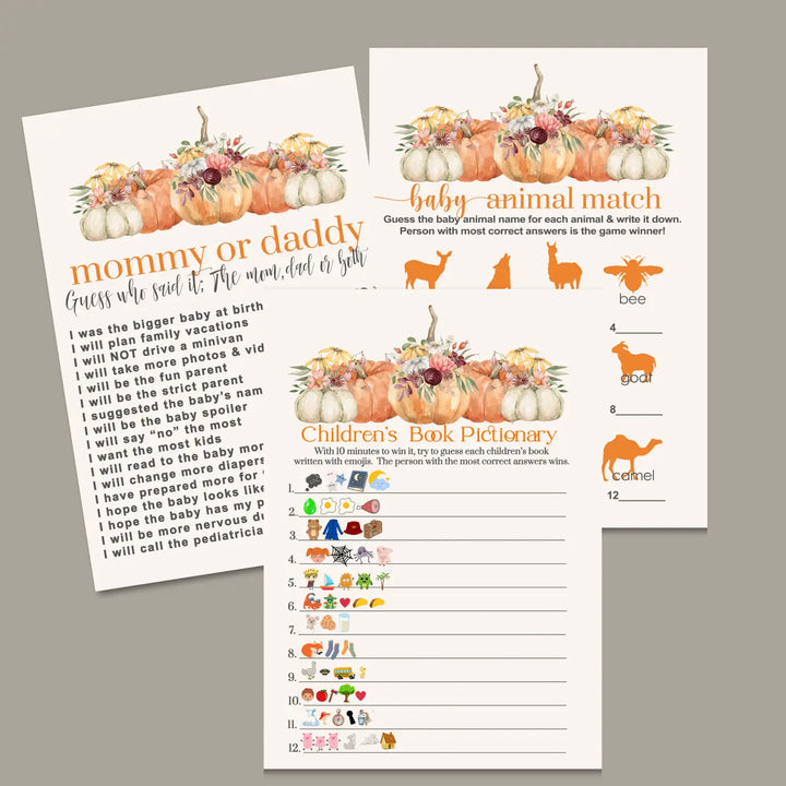 Little pumpkin baby shower games bundle – instant download printable activities gender reveal party diy halloween