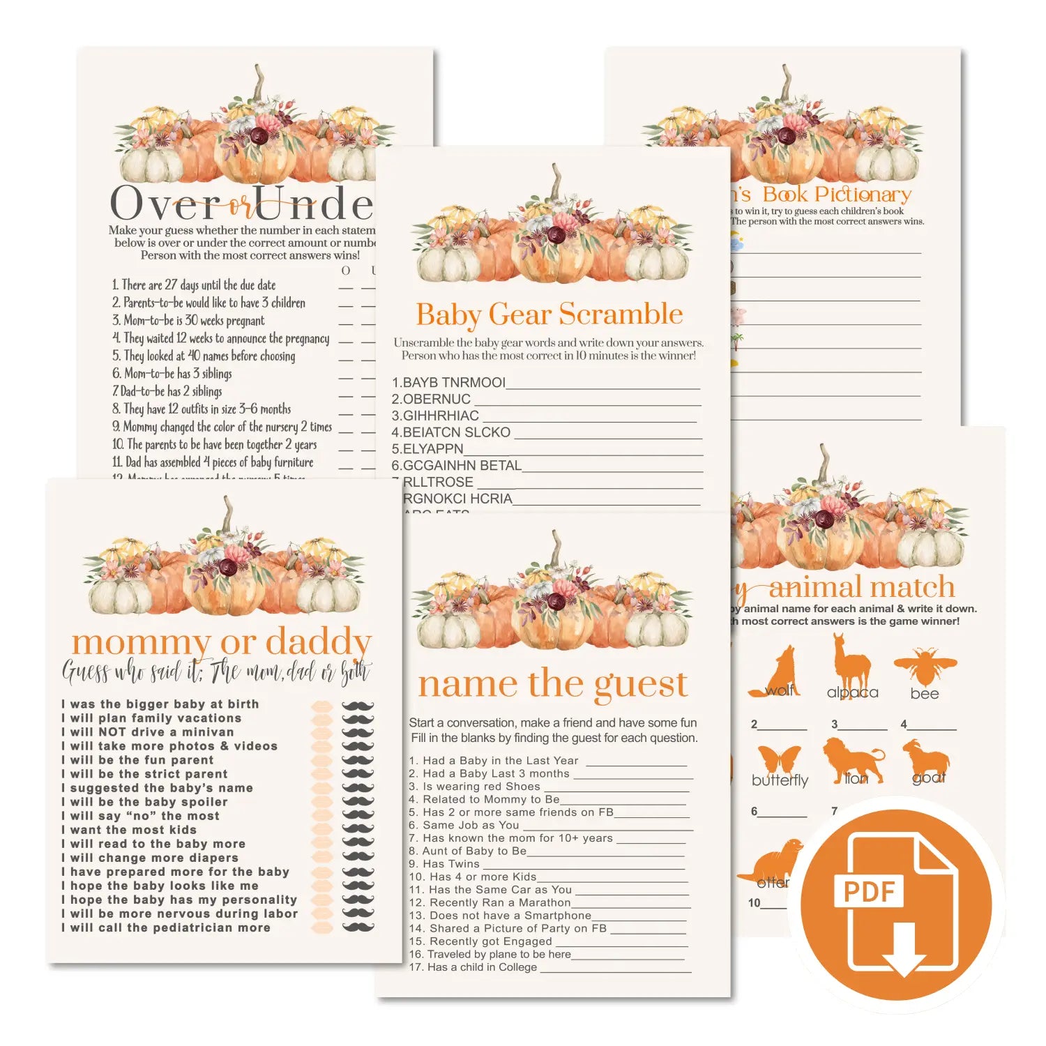 Little pumpkin baby shower games bundle – instant download printable activities gender reveal party diy halloween