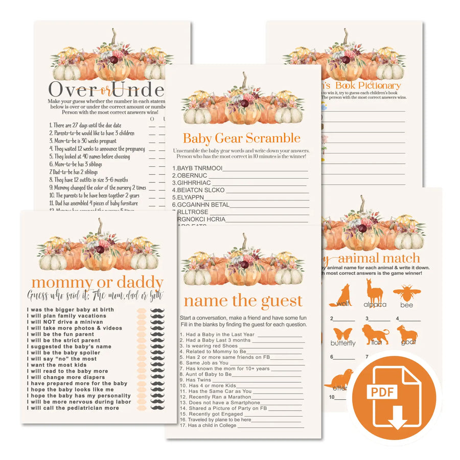 Little pumpkin baby shower games bundle – instant download printable activities gender reveal party diy halloween