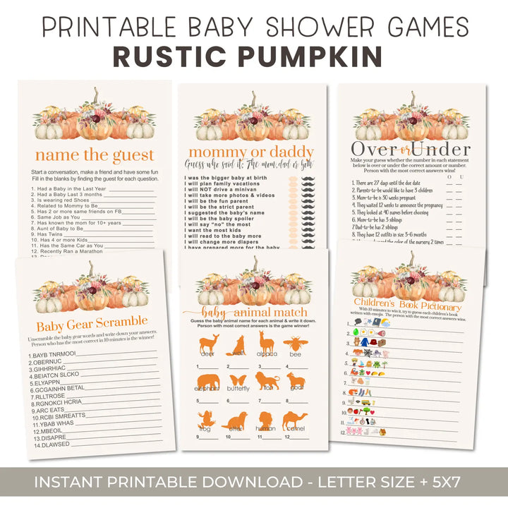 Little pumpkin baby shower games bundle – instant download printable activities gender reveal party diy halloween