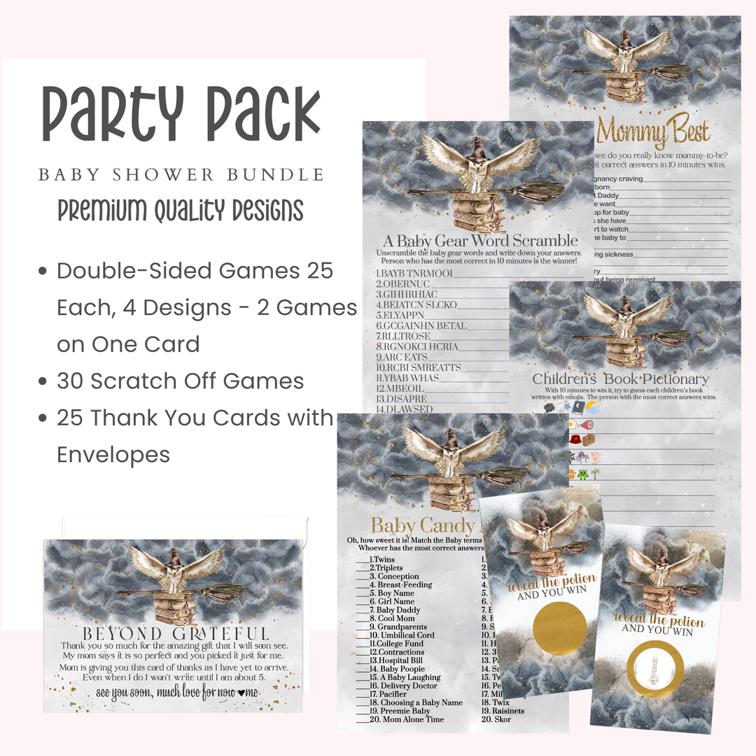 Magic Owl Baby Shower Game Bundle: Thank You Cards, Game Card Sets, and Scratch Off Cards - Black and Gold, Gender Neutral, Halloween Theme - Paper Clever Party