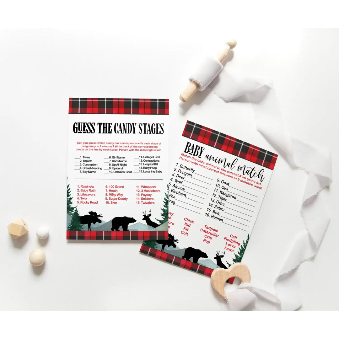 Log Cabin Laughs” - Lumberjack Baby Shower Game Set, 5x7 Double-Sided Cards (25 ct) - Paper Clever Party