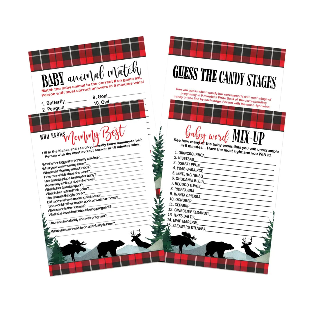 Log Cabin Laughs” - Lumberjack Baby Shower Game Set, 5x7 Double-Sided Cards (25 ct) - Paper Clever Party