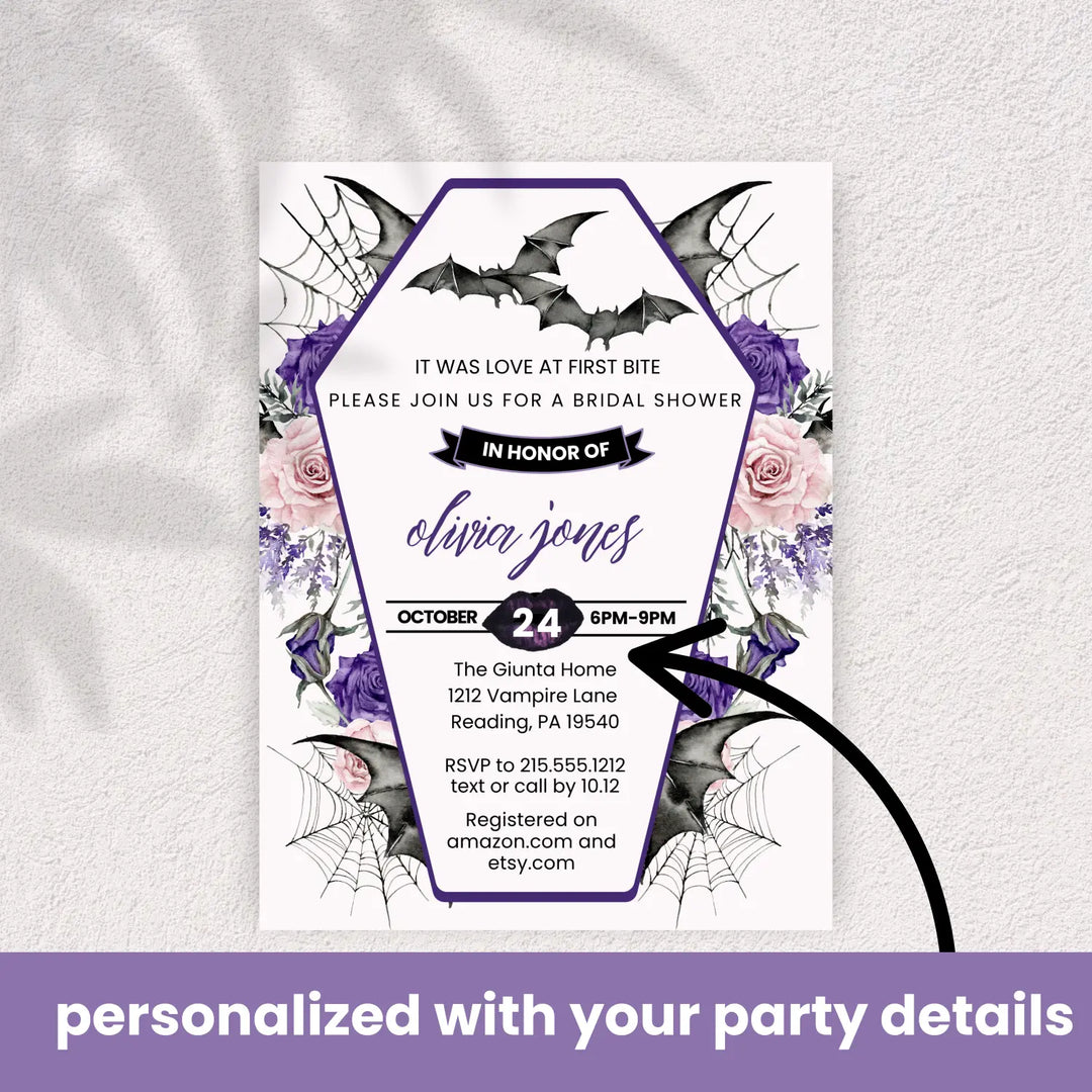 Love at first bite bridal shower invitations gothic wedding invites custom printed or printable digital files