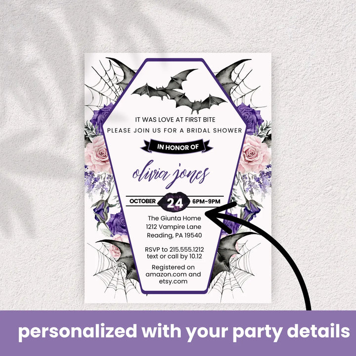 Love at first bite bridal shower invitations gothic wedding invites custom printed or printable digital files