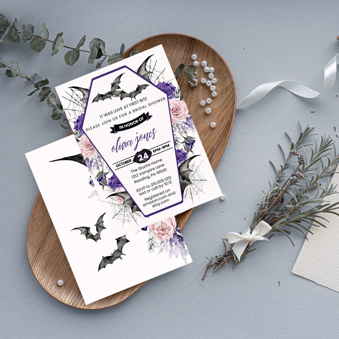 Love at first bite bridal shower invitations gothic wedding invites custom printed or printable digital files