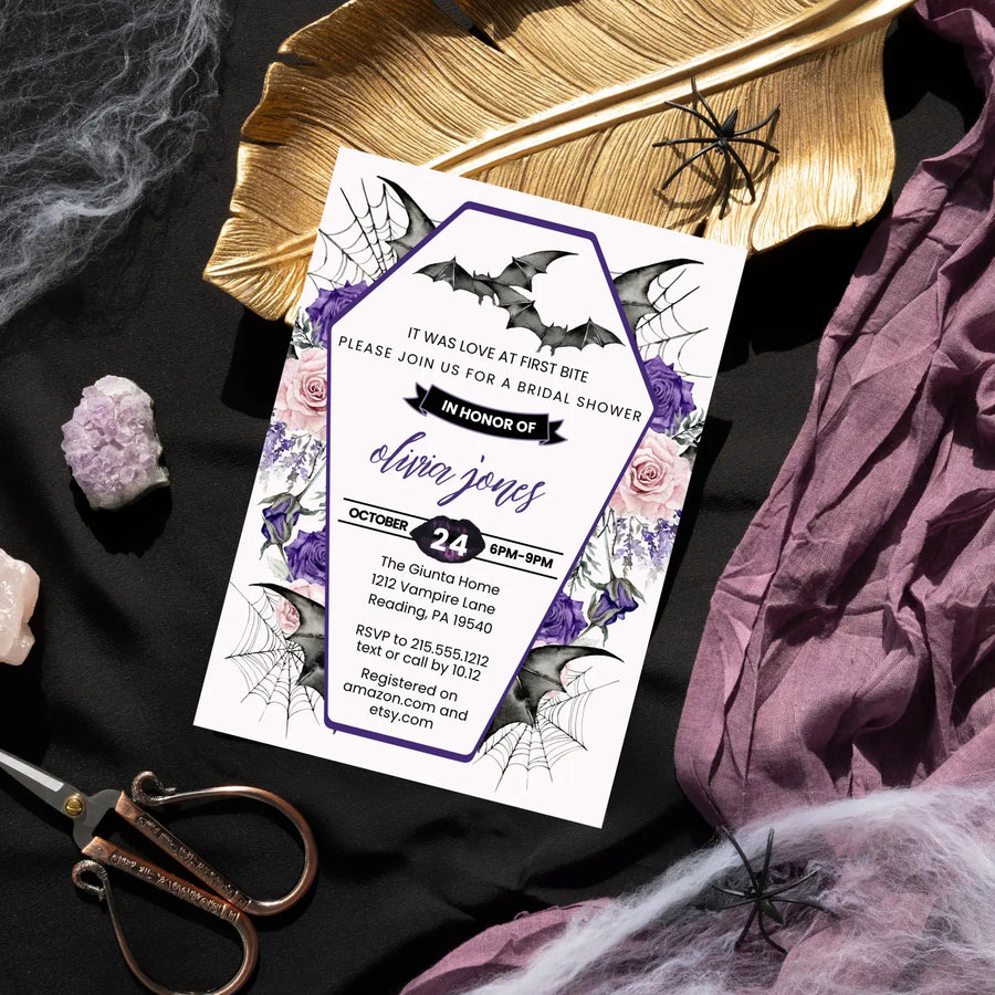 Love at first bite bridal shower invitations gothic wedding invites custom printed or printable digital files