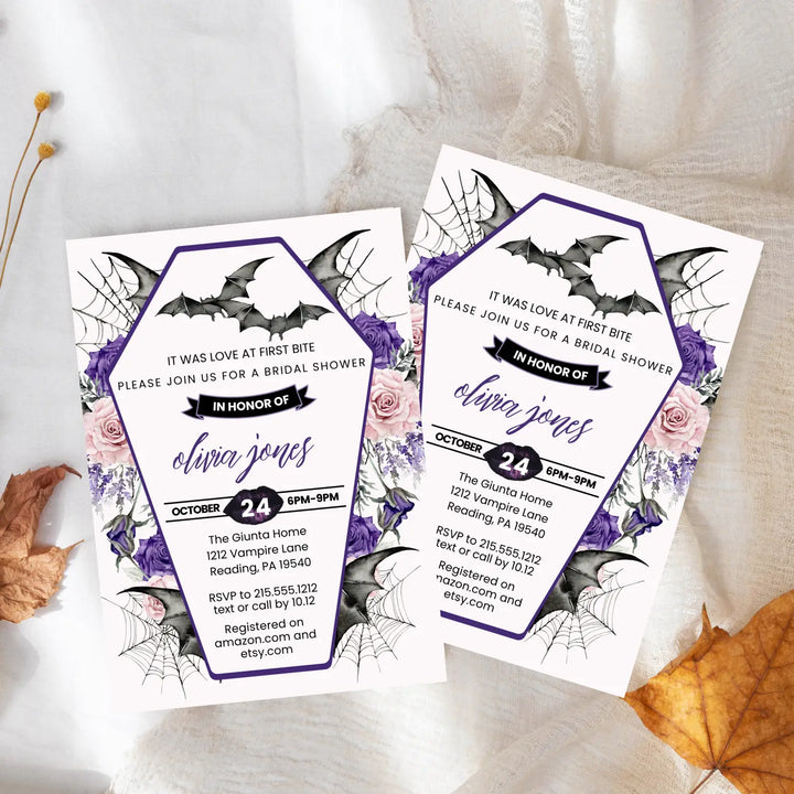 Love at first bite bridal shower invitations gothic wedding invites custom printed or printable digital files