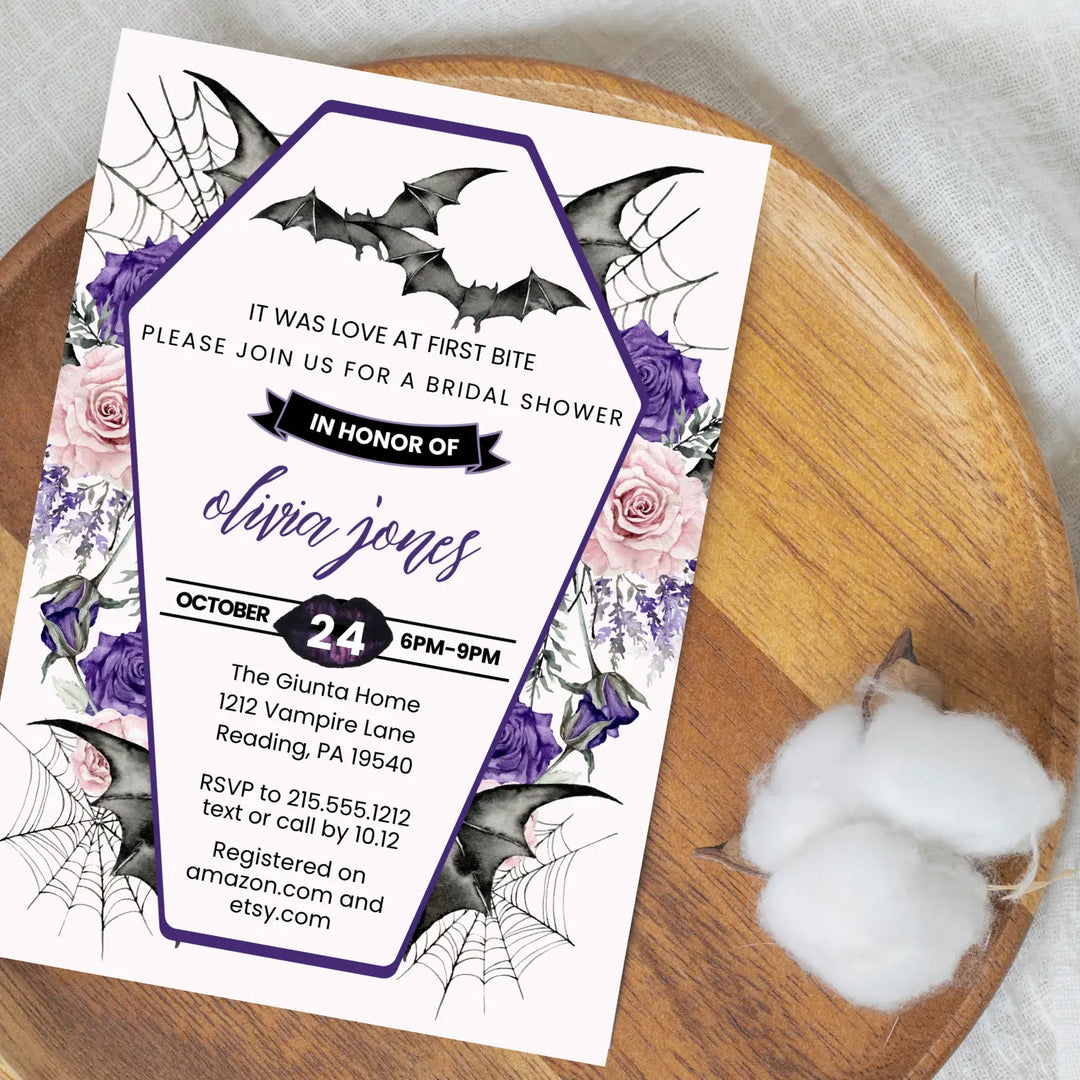 Love at first bite bridal shower invitations gothic wedding invites custom printed or printable digital files