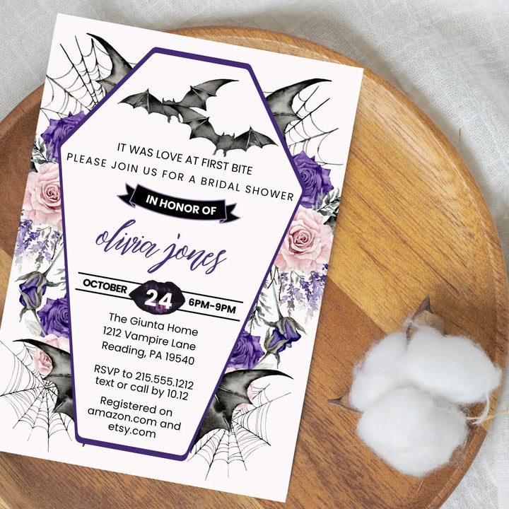 Love at first bite bridal shower invitations gothic wedding invites custom printed or printable digital files