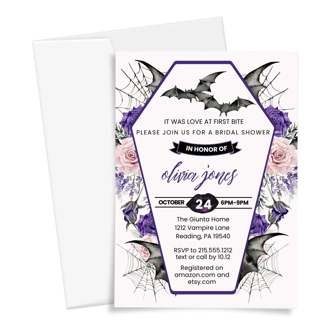 Love at first bite bridal shower invitations gothic wedding invites custom printed or printable digital files