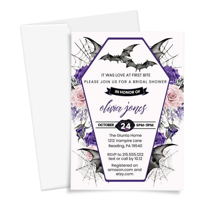 Love at first bite bridal shower invitations gothic wedding invites custom printed or printable digital files