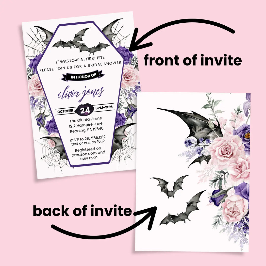 Love at first bite bridal shower invitations gothic wedding invites custom printed or printable digital files