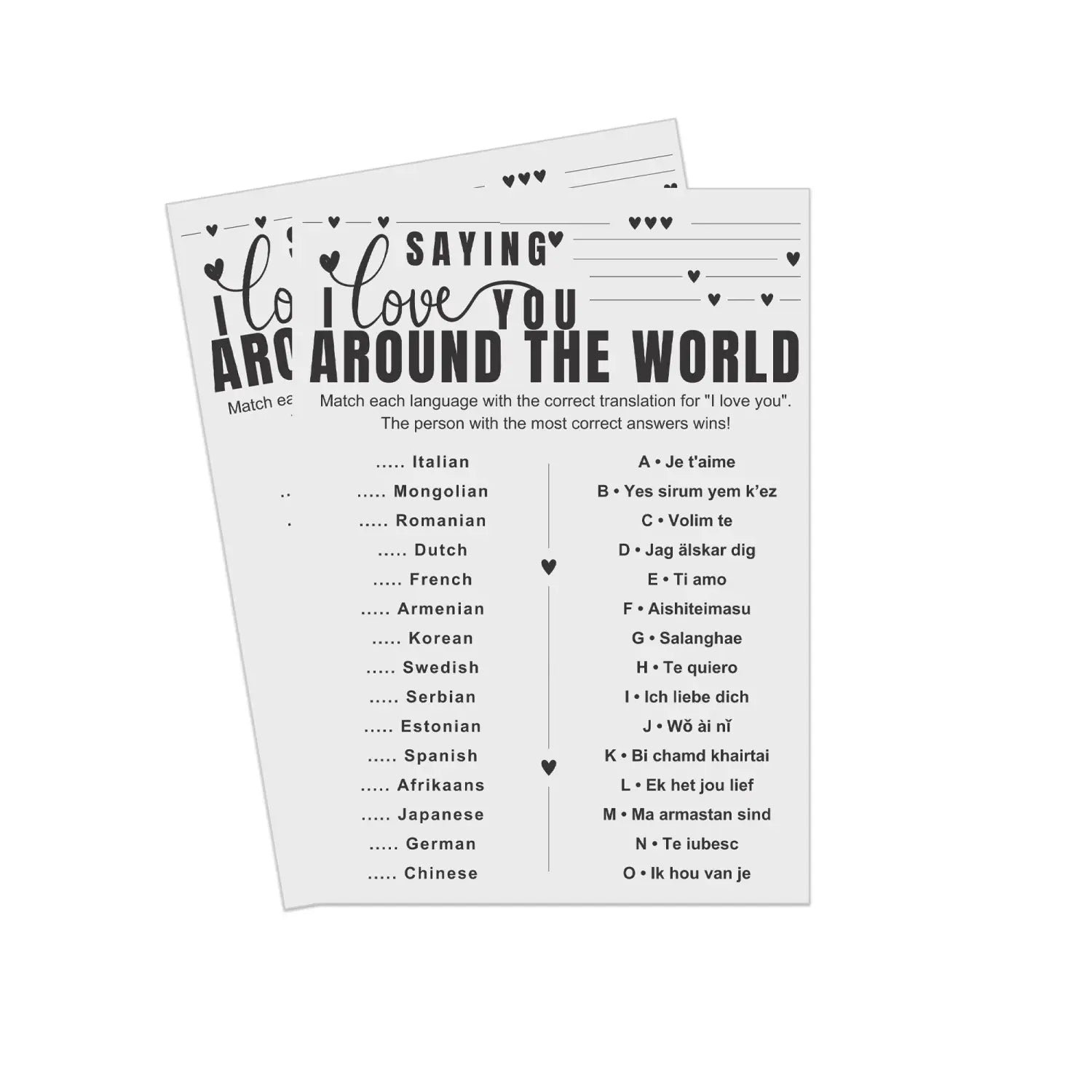 Love language guessing game - fun bridal shower printable pdf - party games