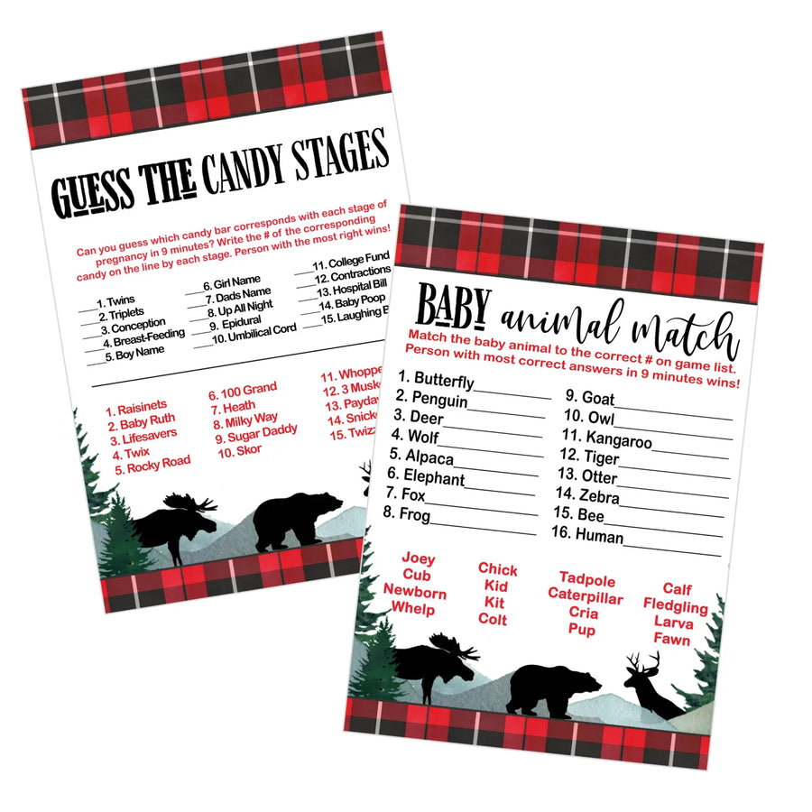 Lumberjack Baby Shower Game Set, Animal Matching and Candy Bar Guessing, Rustic Red & Black - Paper Clever Party