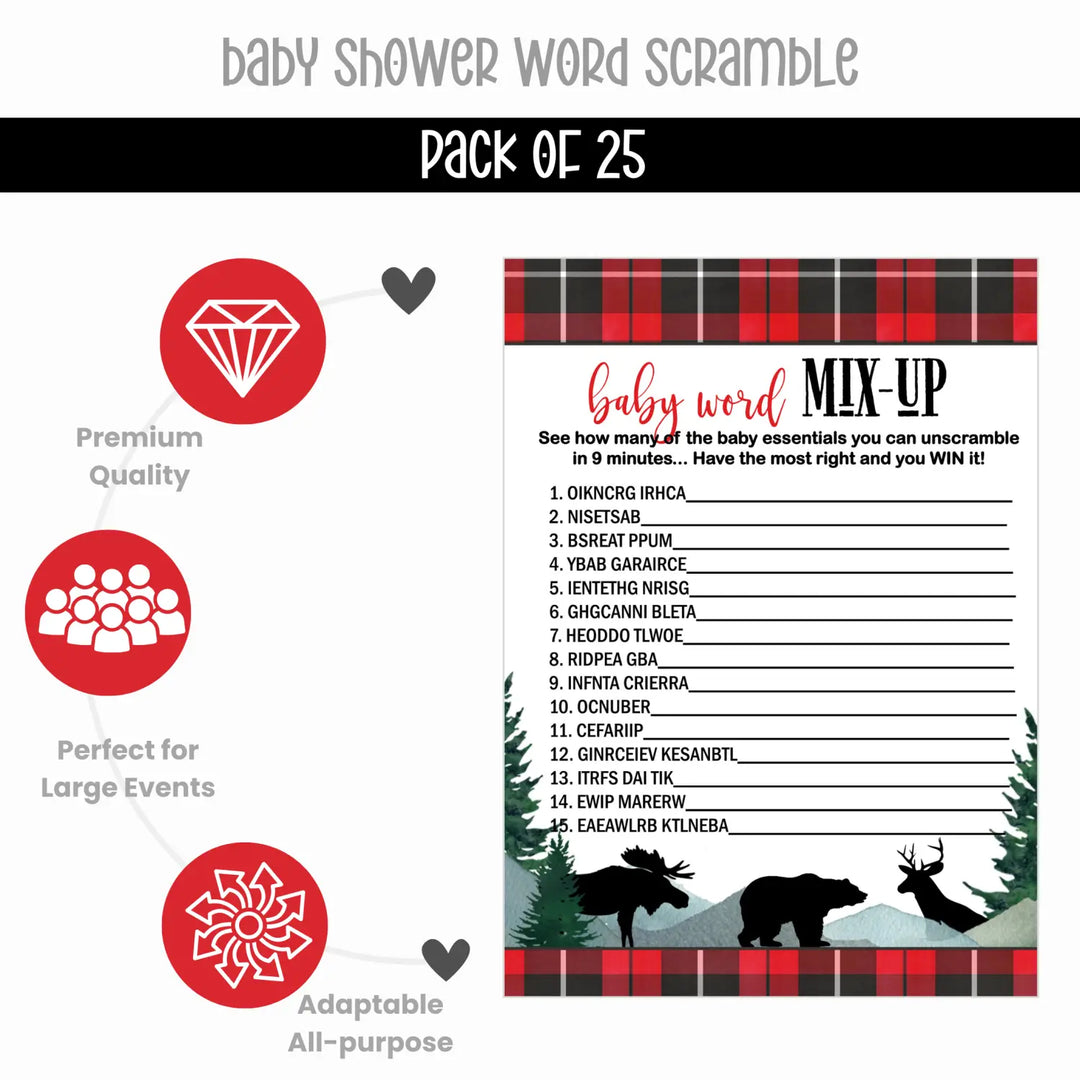 Lumberjack Baby Shower Game Set, Mommy Best and Word Scramble, Rustic Red & Black - Paper Clever Party