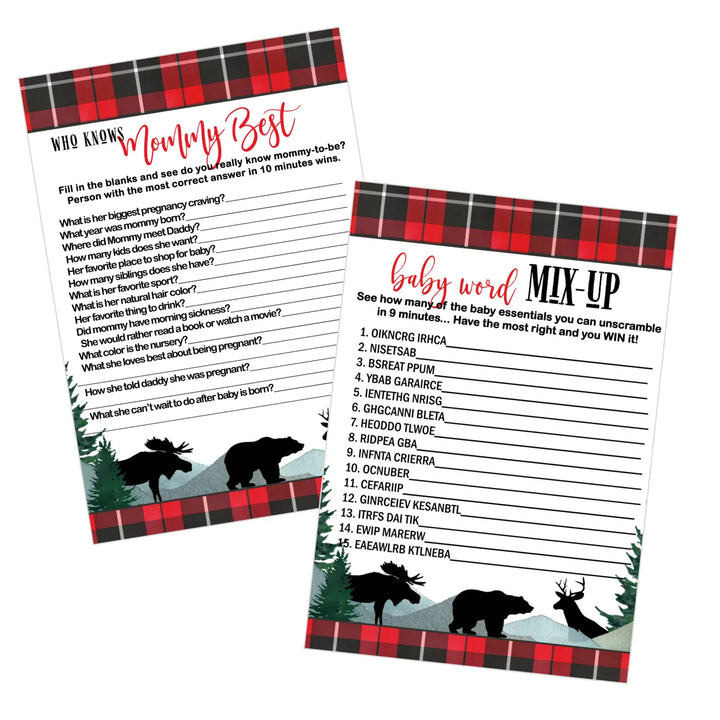 Lumberjack Baby Shower Game Set, Mommy Best and Word Scramble, Rustic Red & Black - Paper Clever Party