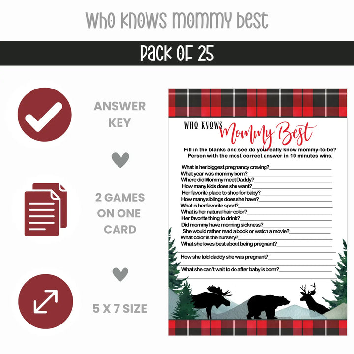 Lumberjack Baby Shower Game Set, Mommy Best and Word Scramble, Rustic Red & Black - Paper Clever Party