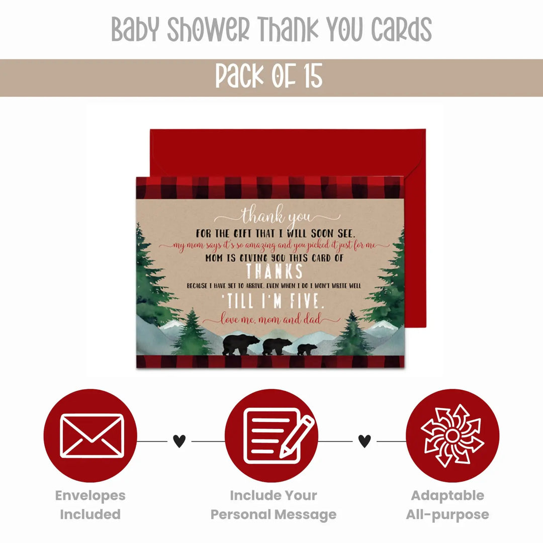 Lumberjack Boys Baby Shower Thank You Cards - Rustic (15 Pack) with Red Envelopes, 4x6 - Paper Clever Party